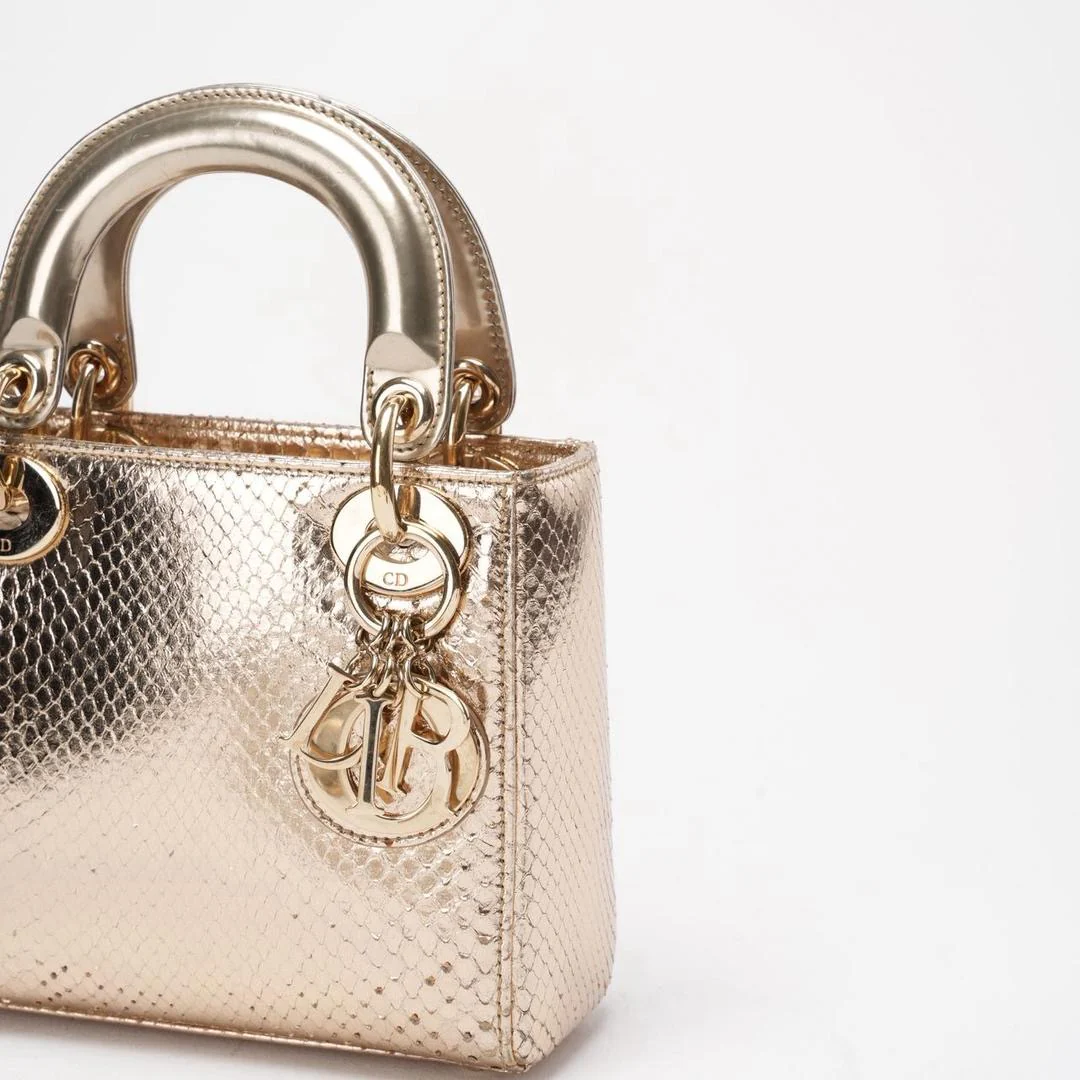 Dior Mini Lady Dior Bag Gold in Python Leather with Gold Hardware on