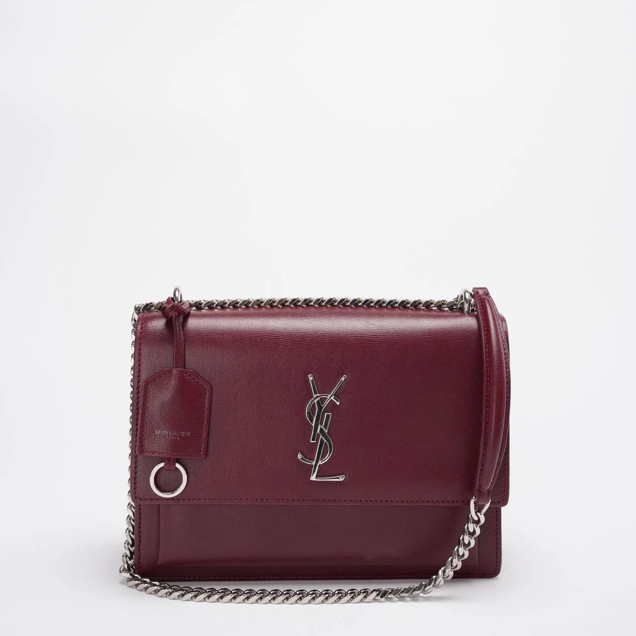 Saint Laurent Sunset Bag Burgundy Box Leder with Silver Hardware Medium