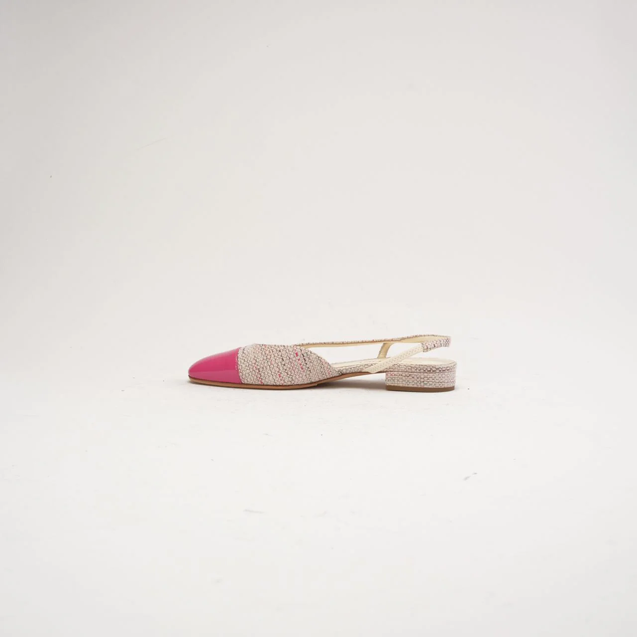 Chanel Pink CC Logo Tweed Leather Slingback Flats Size 38 C