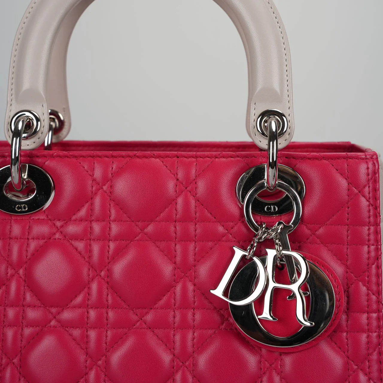 used-Christian Dior Lady Dior Bag Cannage Medium Hand Bag Lamb Skin Red White-MILOURA