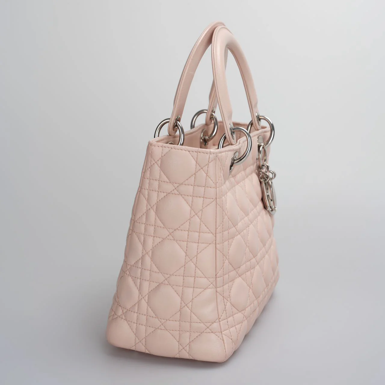 used-Christian Dior Pink Medium Lady Dior Bag in Cannage Lambskin Leather with Silver Hardware-MILOURA