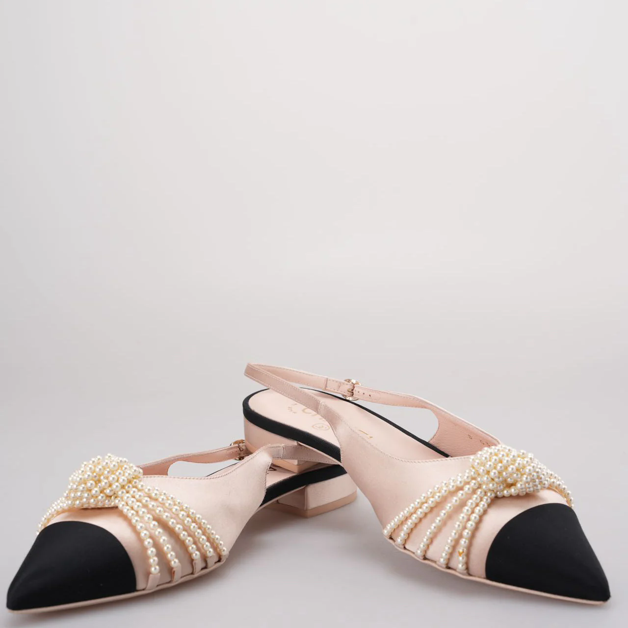 used-Chanel Satin Grosgrain Pearl Slingback Flats Pink/Black Size 38-MILOURA