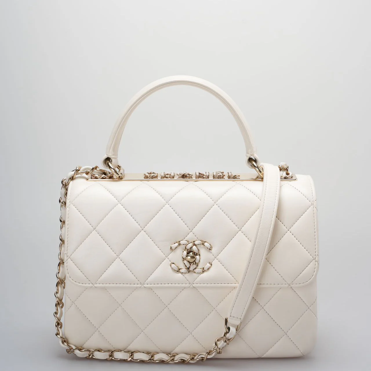 used-Chanel small trendy CC Lambskin Quilted Flap Dual Handle Bag in White-MILOURA