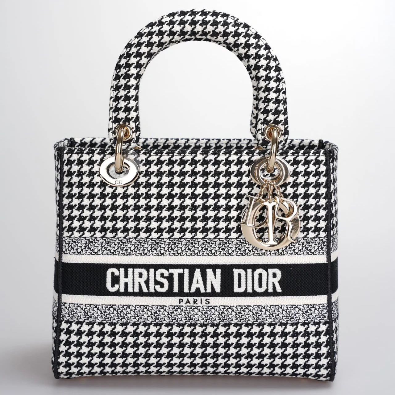 used-Christian Dior Black White Houndstooth Canvas Medium Lady D-Lite bag-MILOURA