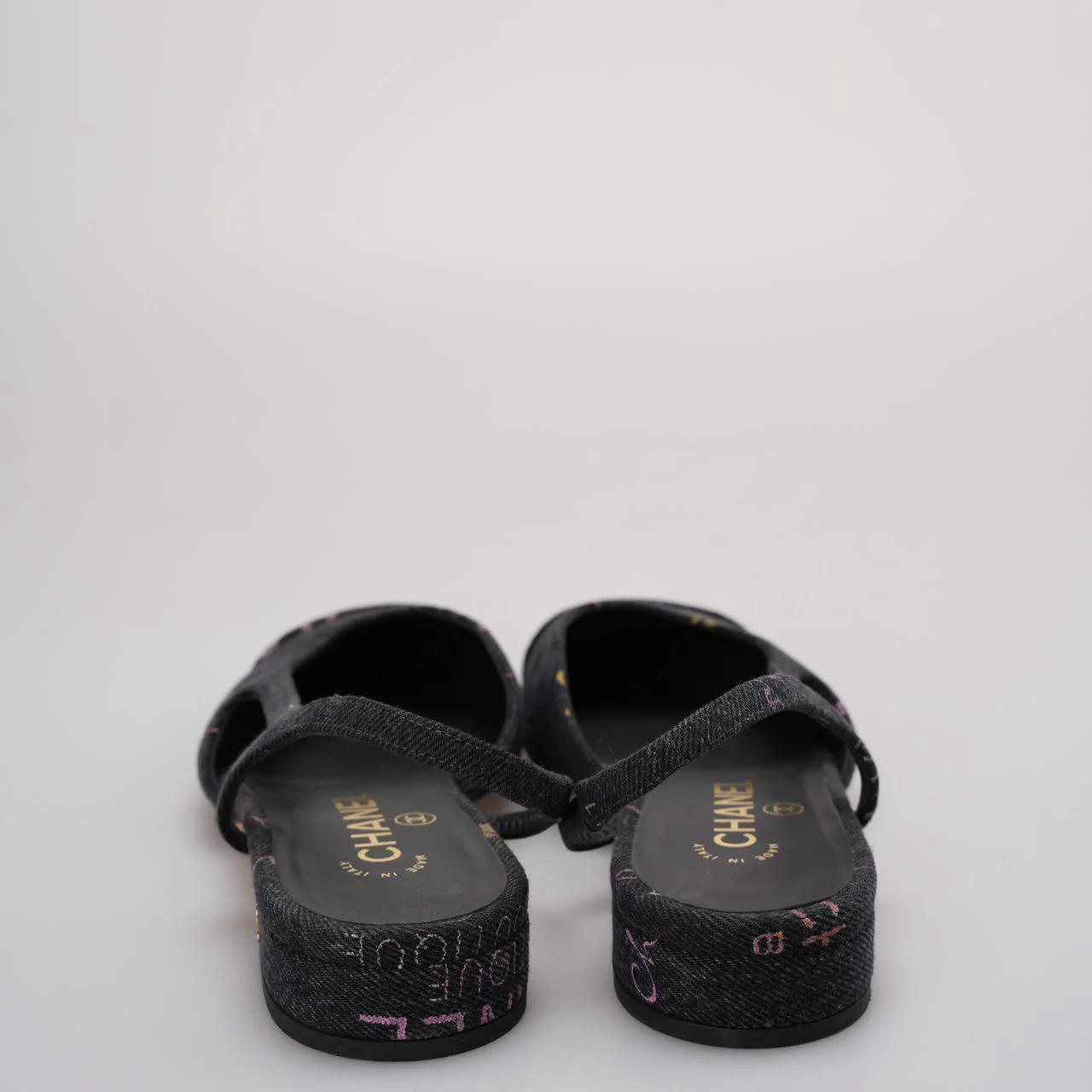 Chanel Black Denim Slingback Mademoiselle Coco Flat size 38