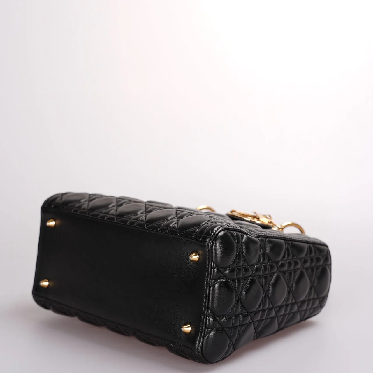 used-Christian Dior Black Medium Lady Dior Bag in Cannage Lambskin Leather with Gold Hardware-MILOURA