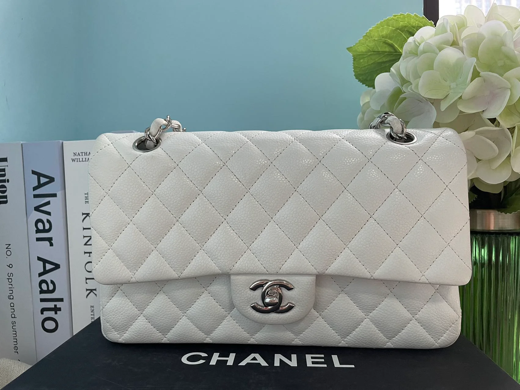 Chanel White Classic Flap Bag in medium Caviar Leather with Silver Hardware