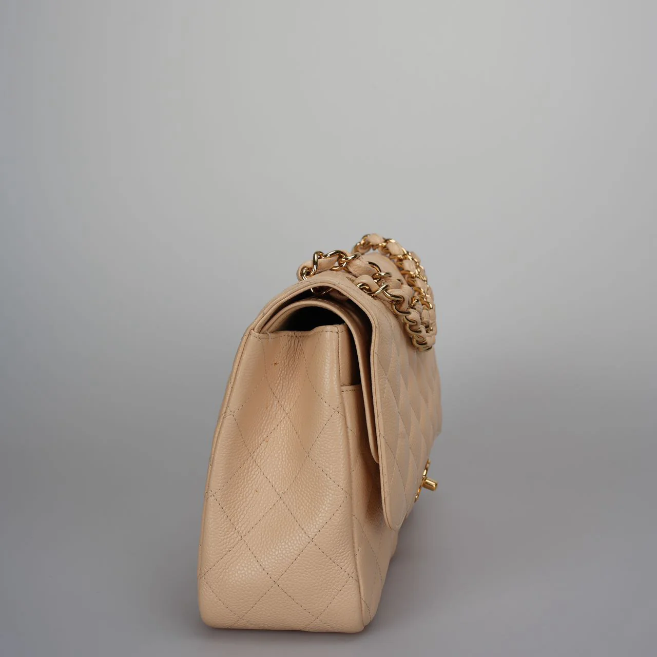 used-Chanel Beige Jumbo timeless Flap Bag Caviar Leather with Gold Hardware-MILOURA