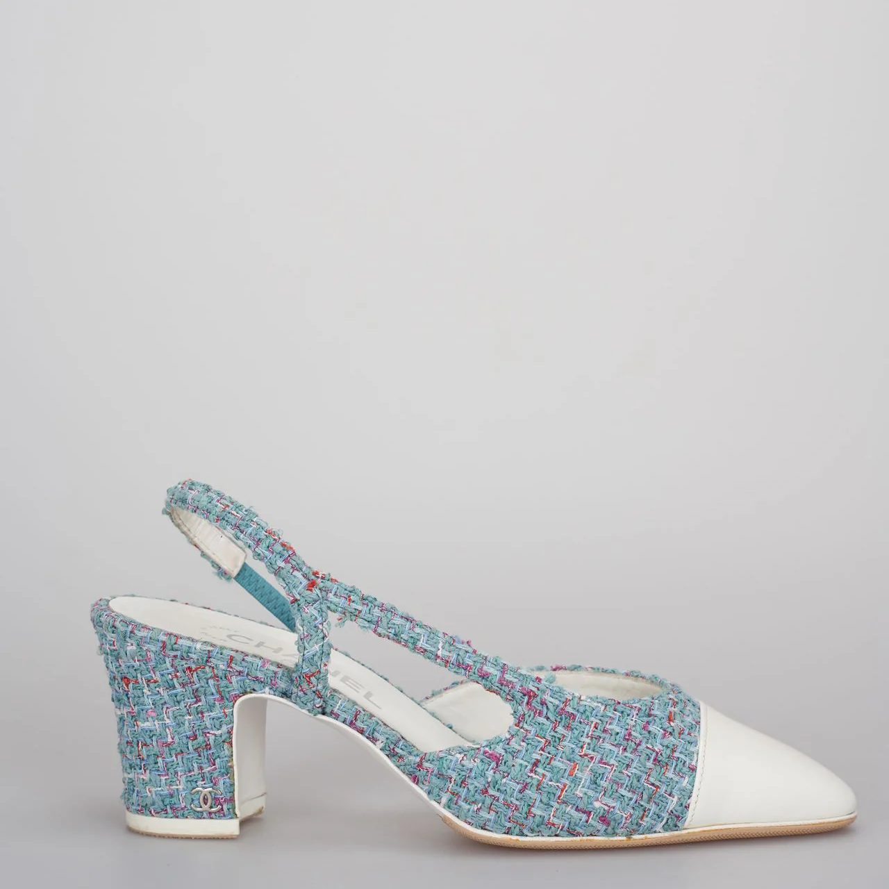 used-Chanel tweed slingback Tiffany blue pumps 38-MILOURA