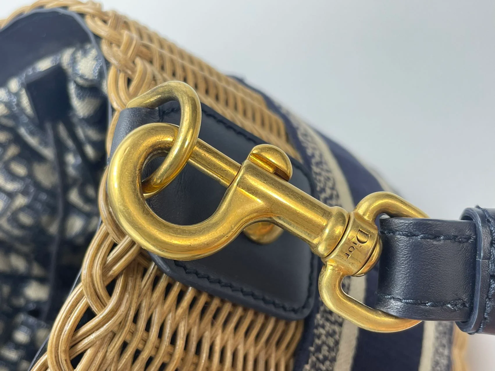 used-Dior Dioriviera Bucket Bag in Wicker and Blue Canvas With Gold Hardware-MILOURA