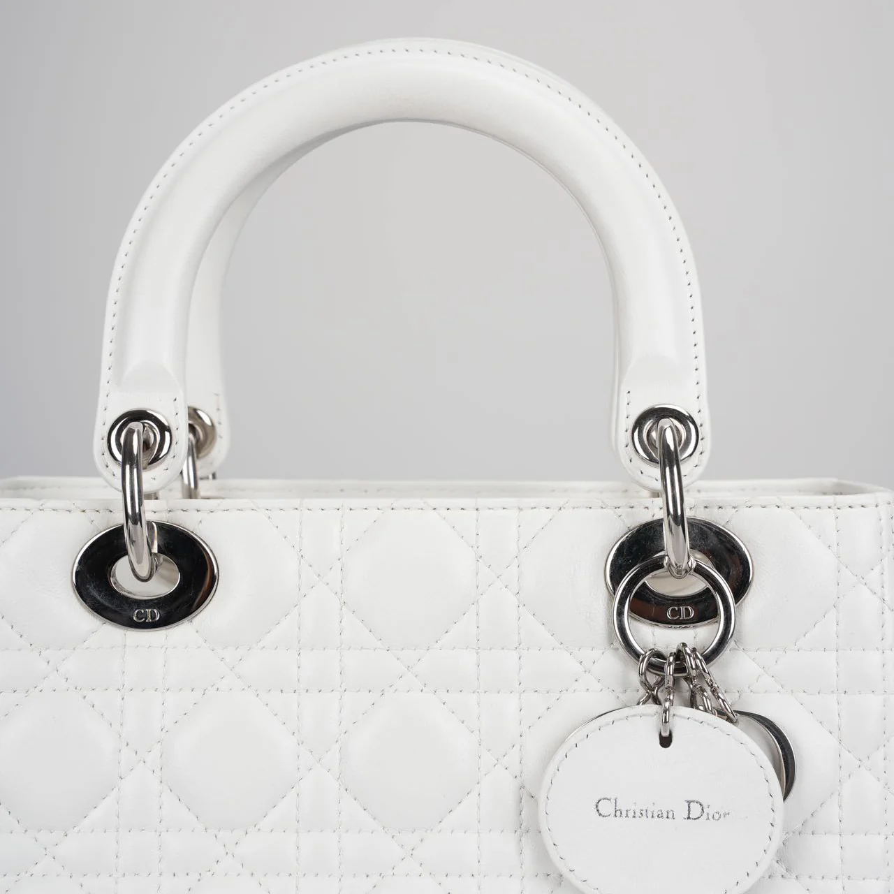 used-Christian Dior White Medium Lady Dior Bag in Cannage Lambskin Leather with Silver Hardware-MILOURA