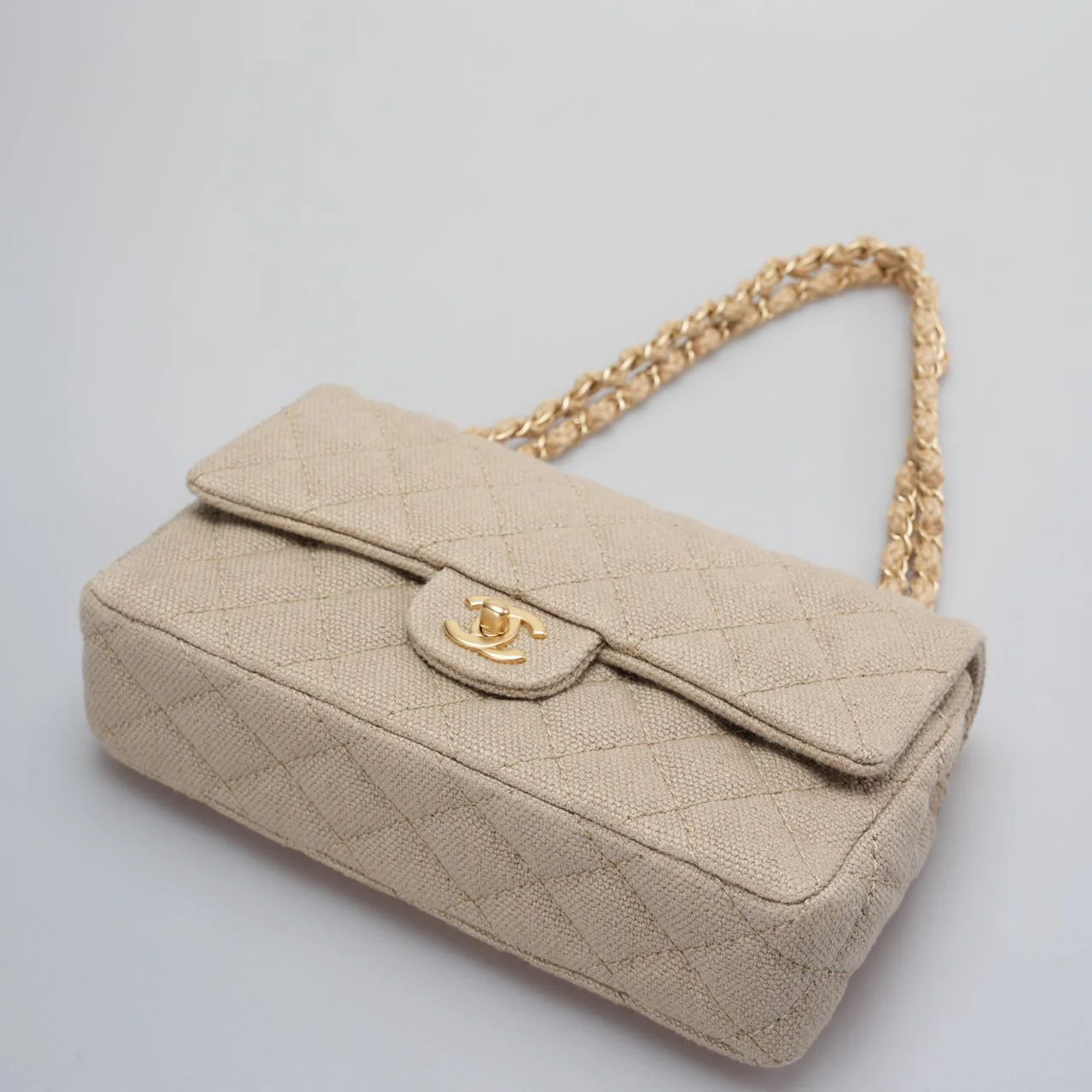 used-Chanel linen timeless Quilted Medium Flap in Beige very rare-MILOURA
