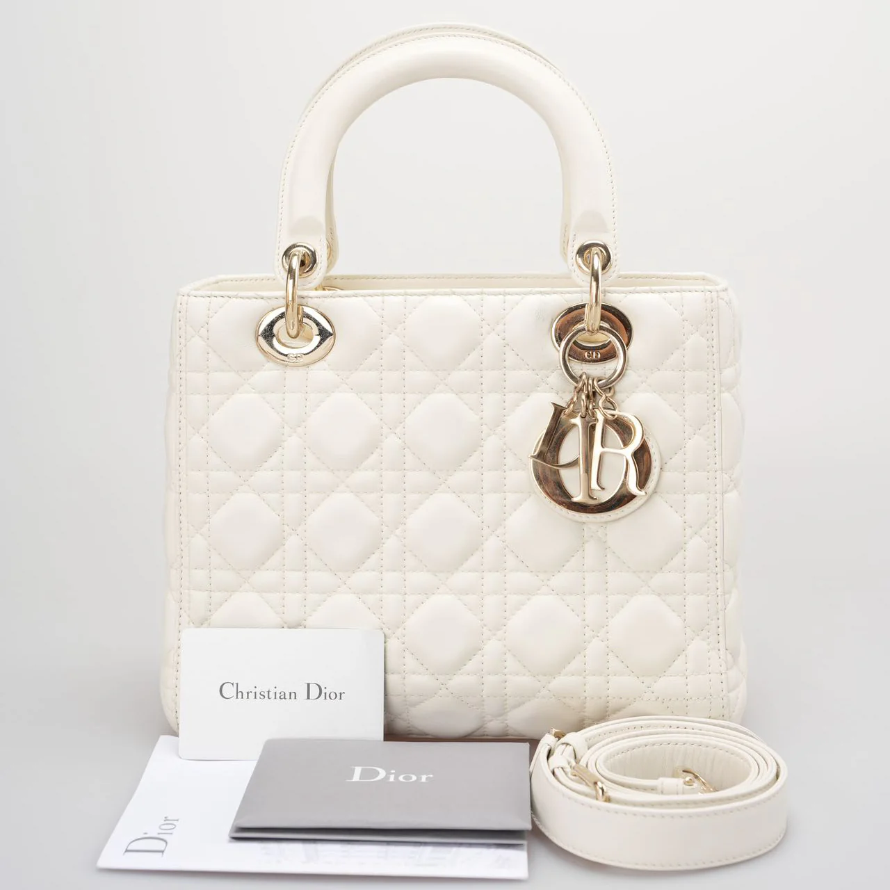 used-Christian Dior White Medium Lady Dior Bag in Cannage Lambskin Leather with Gold Hardware-MILOURA