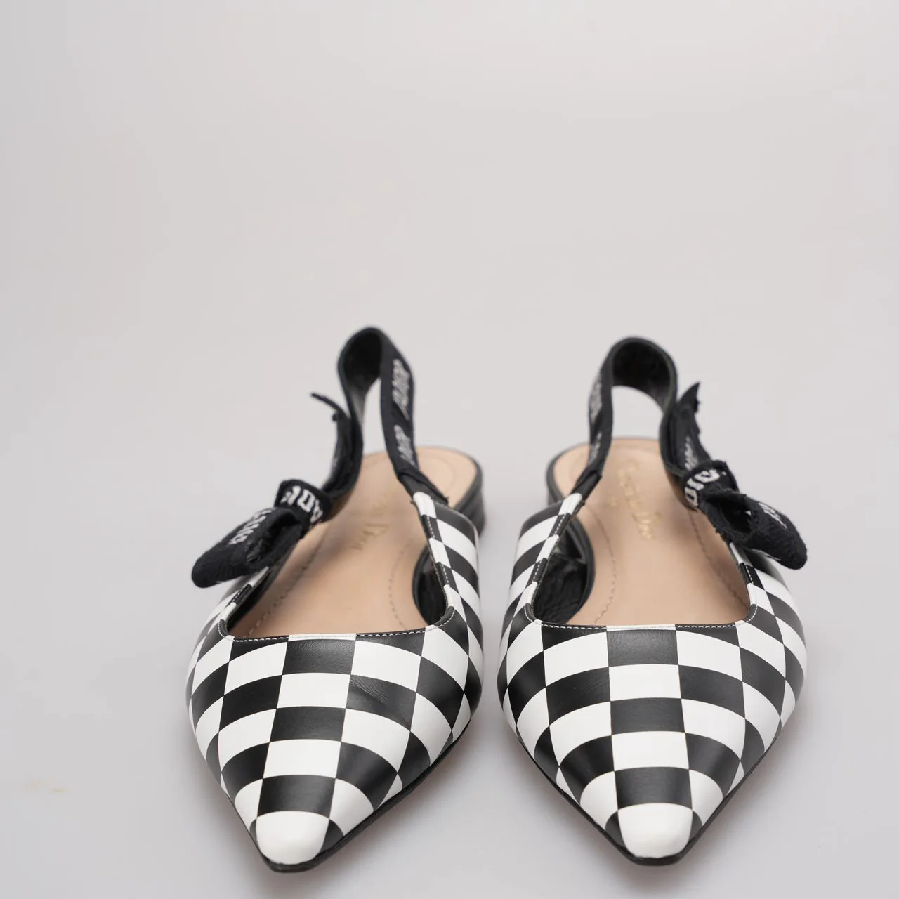 Christian Dior Calfskin Ribbon Checker Print J'Adior SlingBack Flats In Black and White Size 37