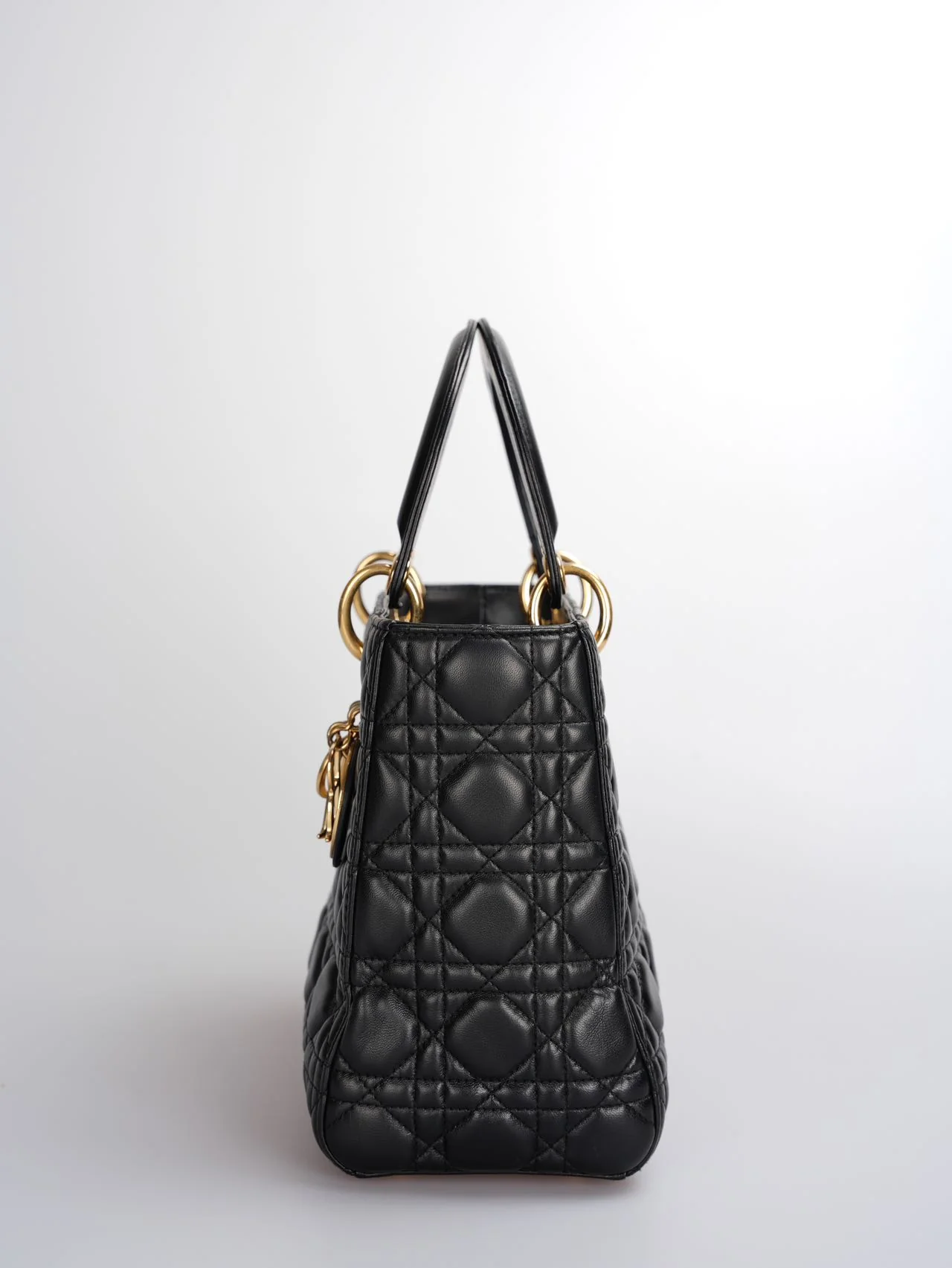 used-Christian Dior Black Medium Lady Dior Bag in Cannage Lambskin Leather with Gold Hardware-MILOURA