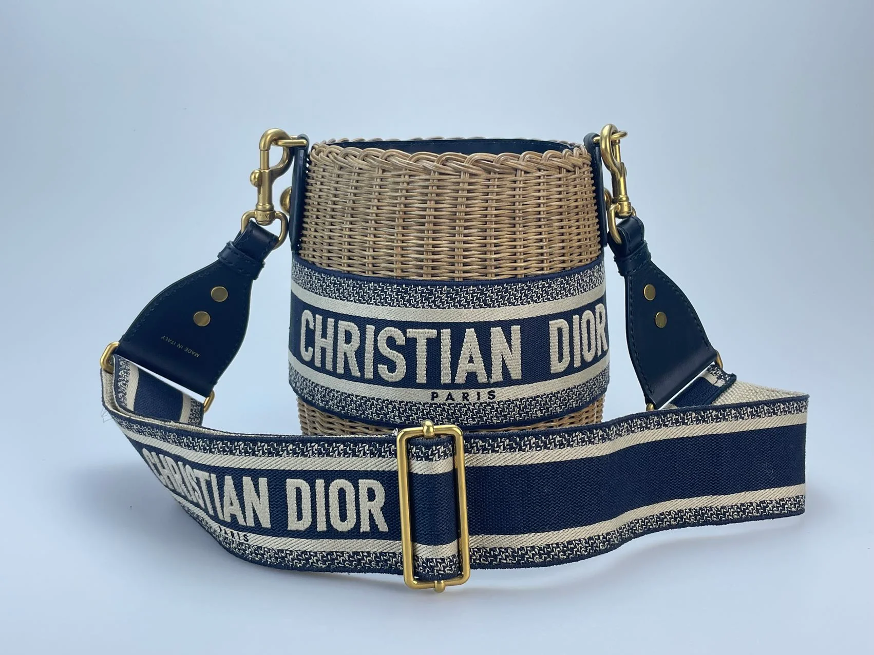 used-Dior Dioriviera Bucket Bag in Wicker and Blue Canvas With Gold Hardware-MILOURA