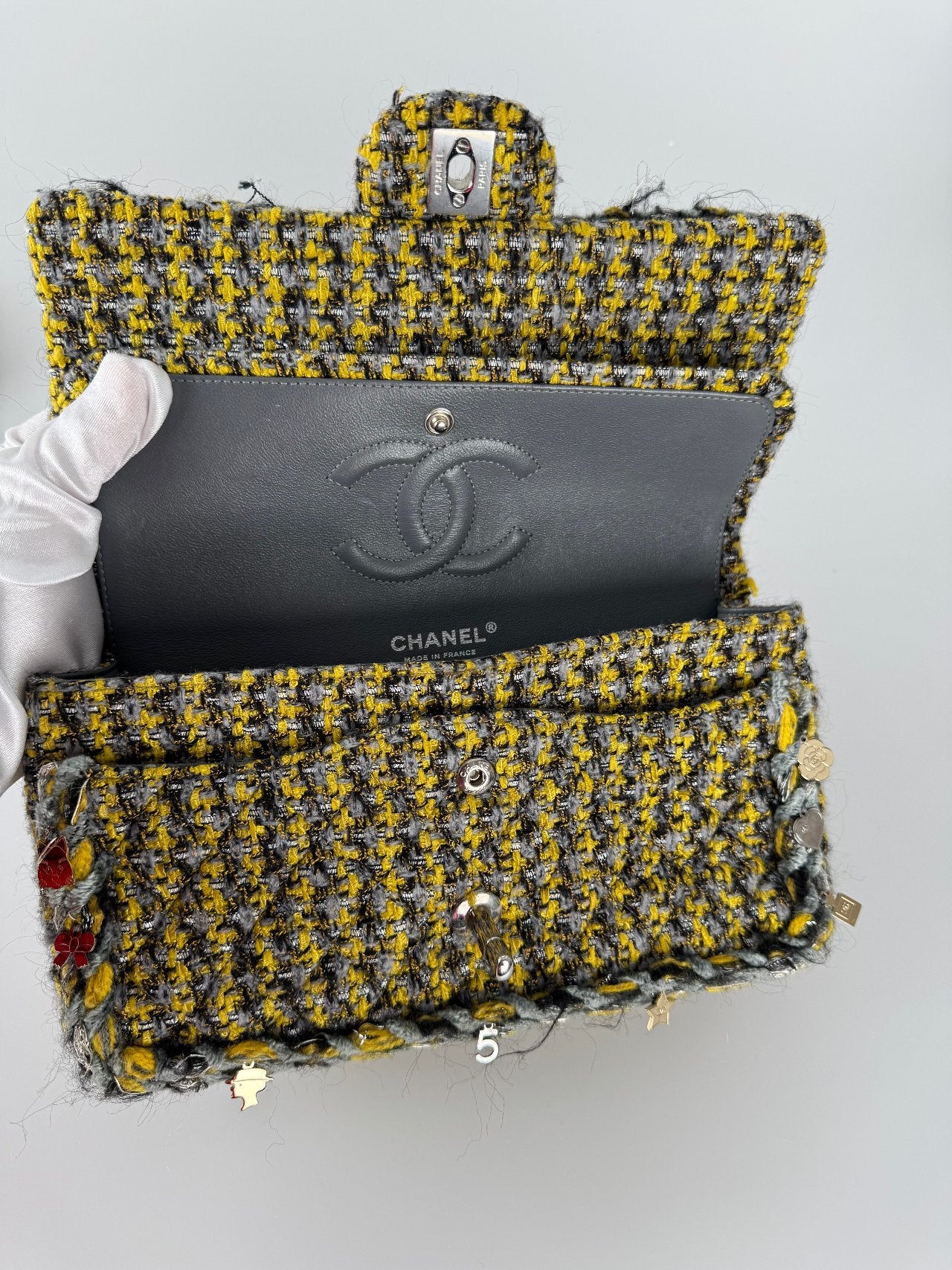 used-Chanel Tweed Braided Charms medium Flap Bag Yellow Grey Black-MILOURA