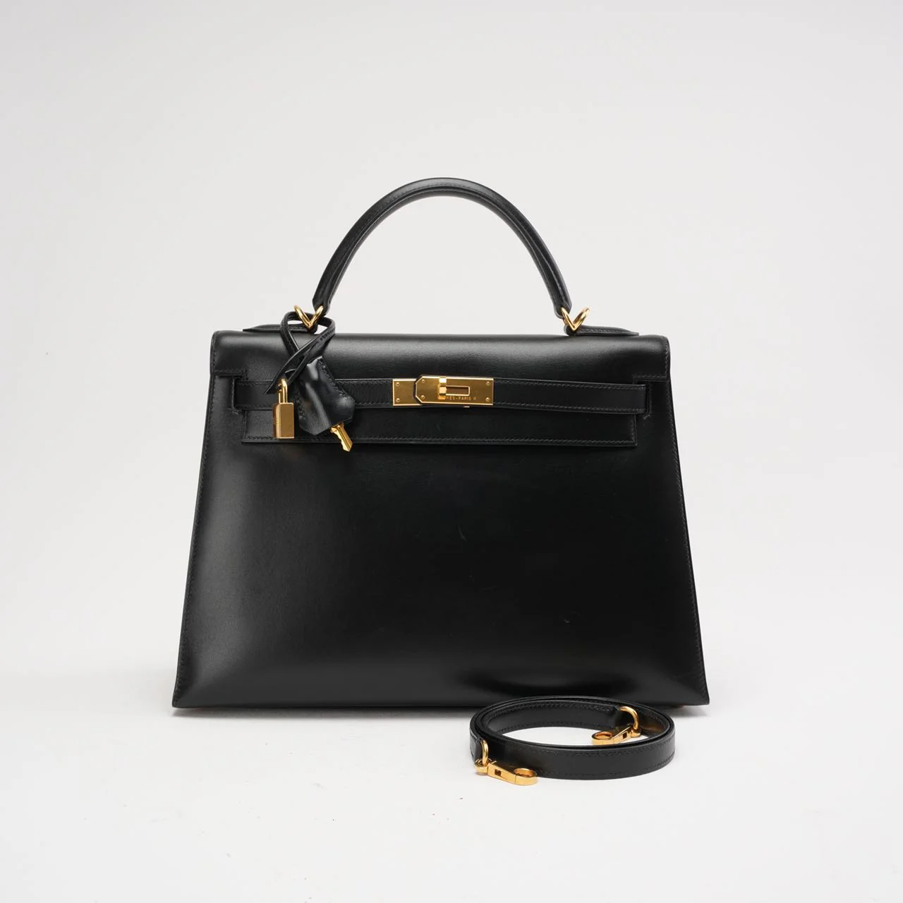 Hermes Black Kelly 32 Sellier in Box Leather 2000