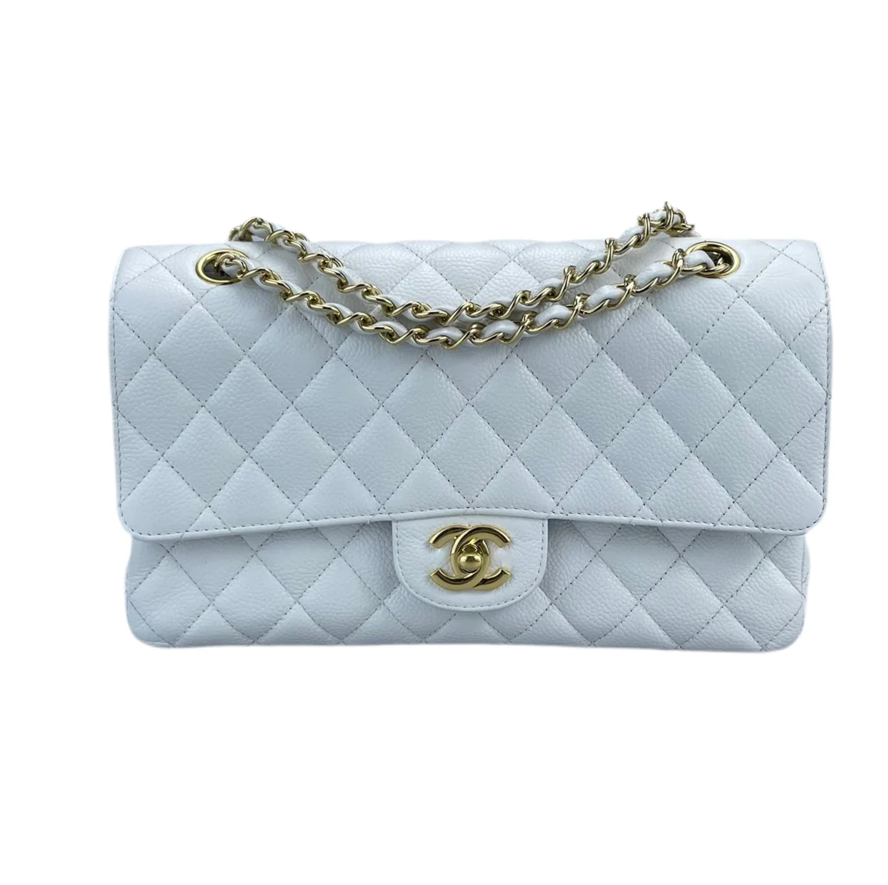 used-Chanel Medium White Classic Flap Bag in Caviar Leather with Gold Hardware-MILOURA