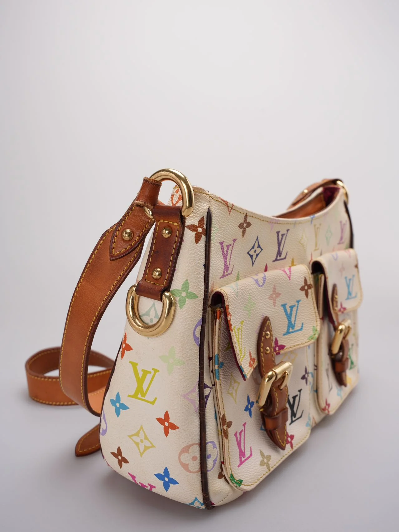 used-Louis Vuitton Takashi Murakami White Multicolore Monogram Coated Canvas Petit Noe Bag Gold Hardware-MILOURA