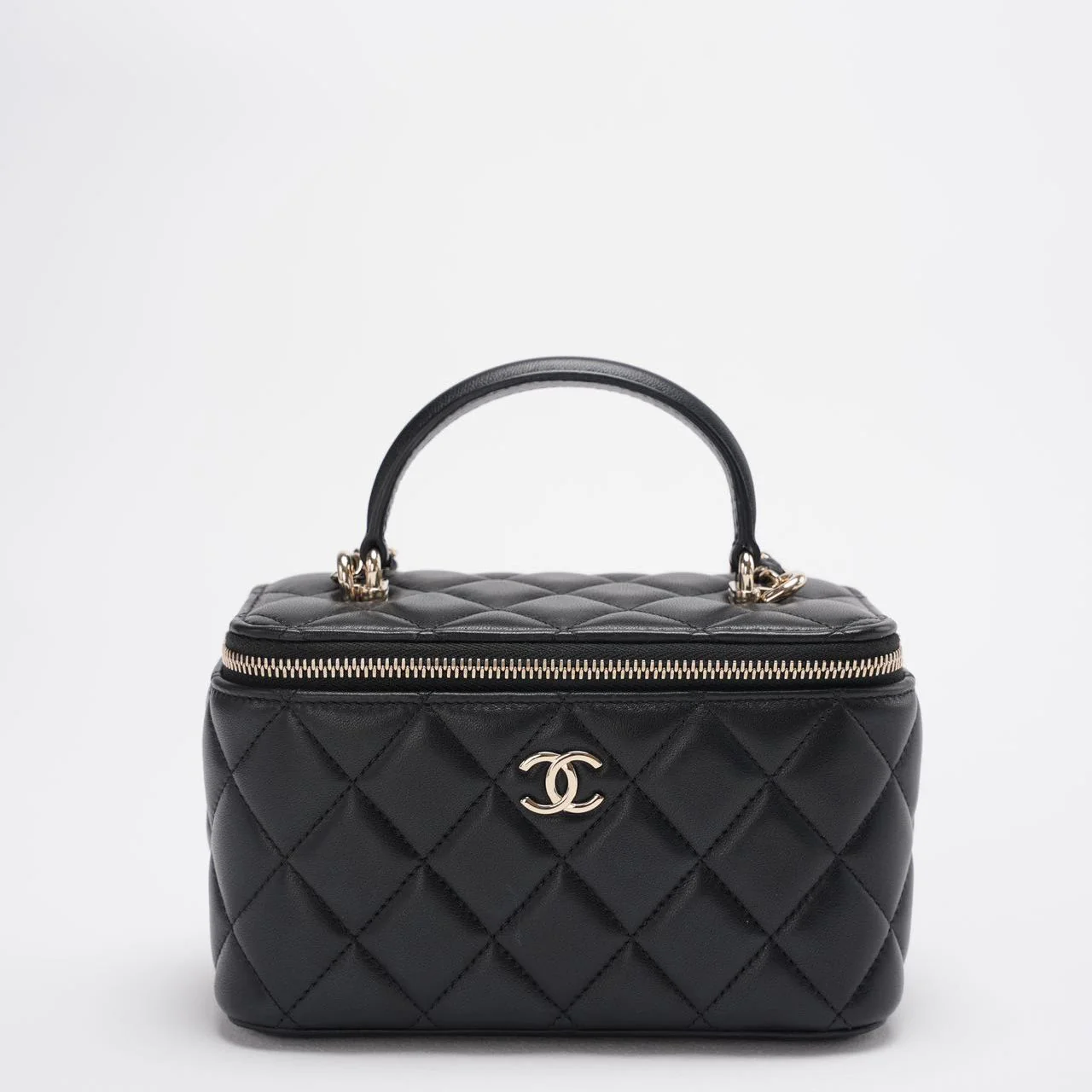 Chanel Vanity Case Bag Black Quilted Lambskin Bag with Gold Hardware Front