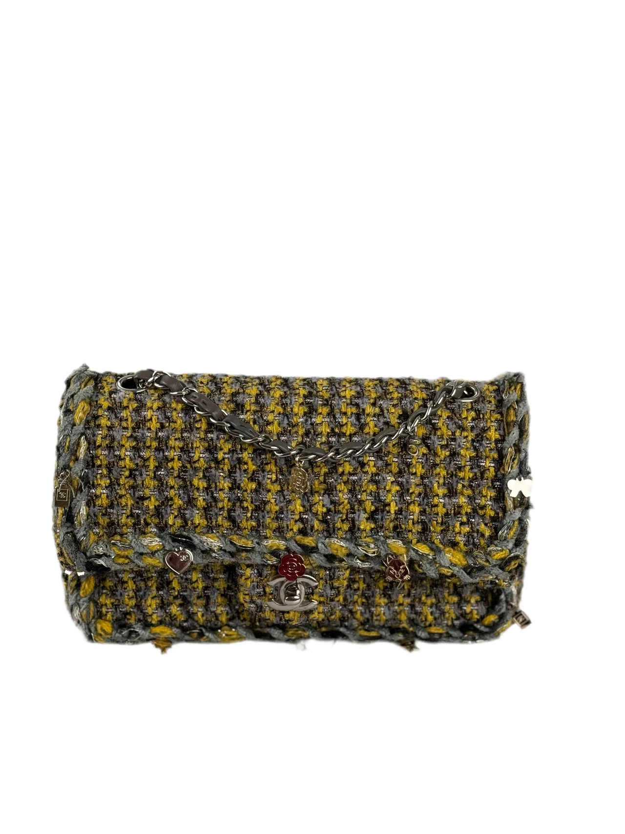 used-Chanel Tweed Braided Charms medium Flap Bag Yellow Grey Black-MILOURA