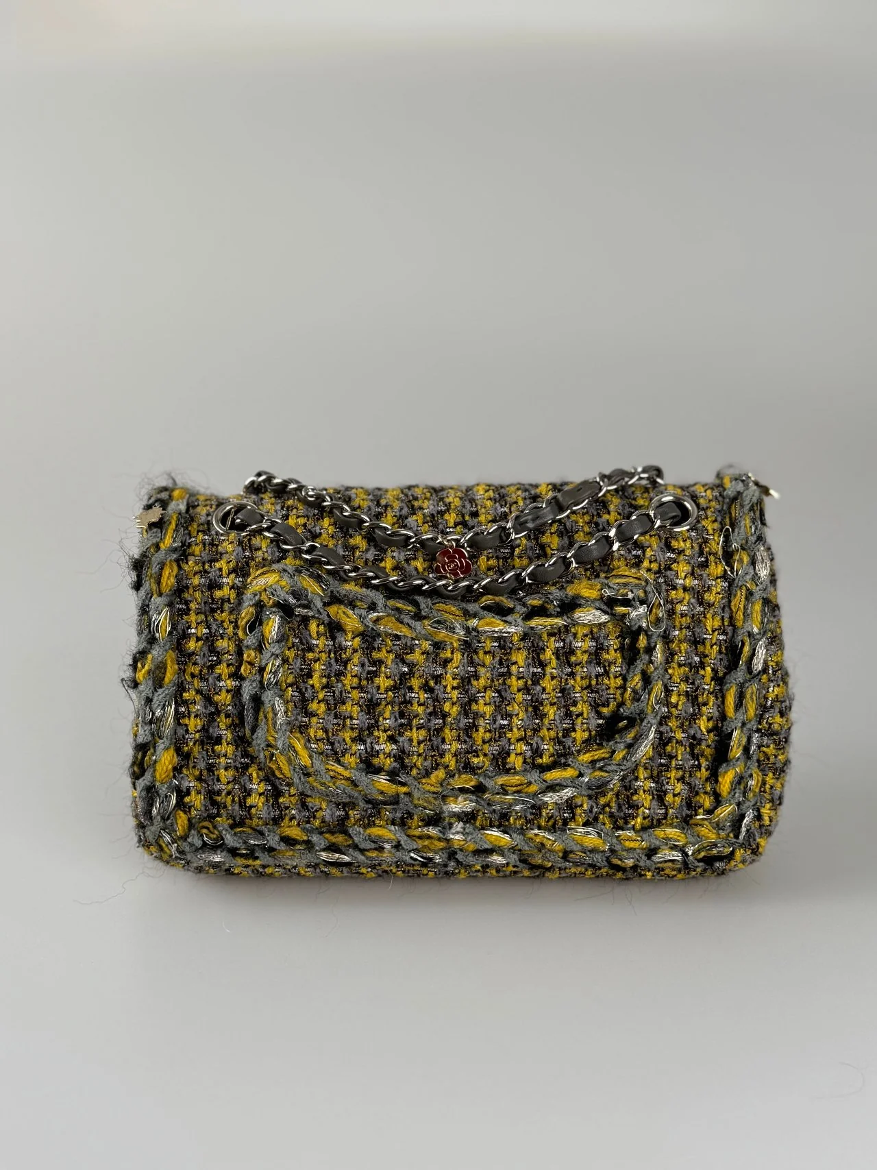 used-Chanel Tweed Braided Charms medium Flap Bag Yellow Grey Black-MILOURA