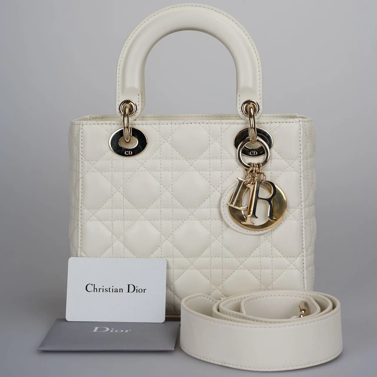 used-Christian Dior Small Lady Dior Bag in White Cannage Lambskin Leather with Gold Hardware-MILOURA