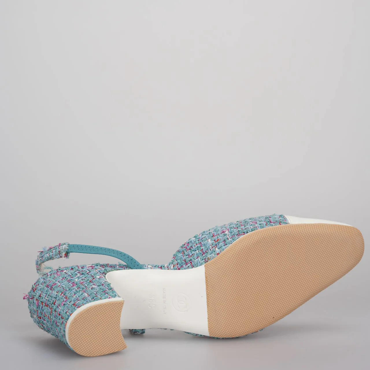 used-Chanel tweed slingback Tiffany blue pumps 38-MILOURA