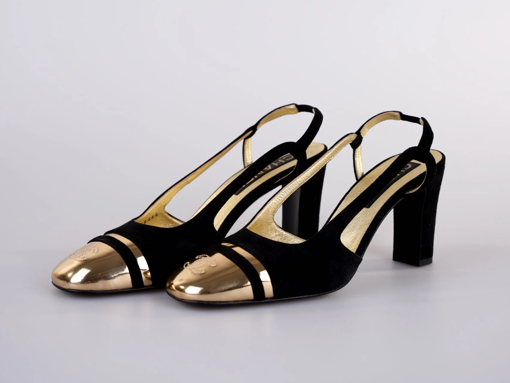 used-Chanel CC Slingback Heels Black Gold Size 37.5 EU-MILOURA