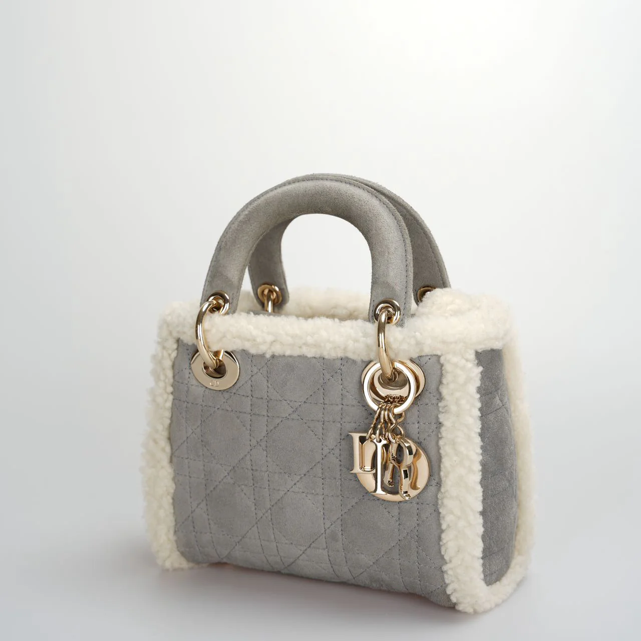 used-Christian Dior Lady Dior Pre-Owned 2020 Mini Suede Shearling Cannage Lady Dior satchel-MILOURA