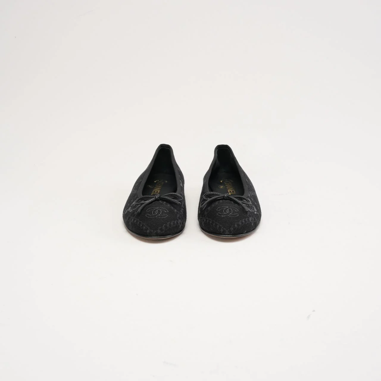 Chanel Black Printed Denim CC Cap Toe Ballet Flats 37.5