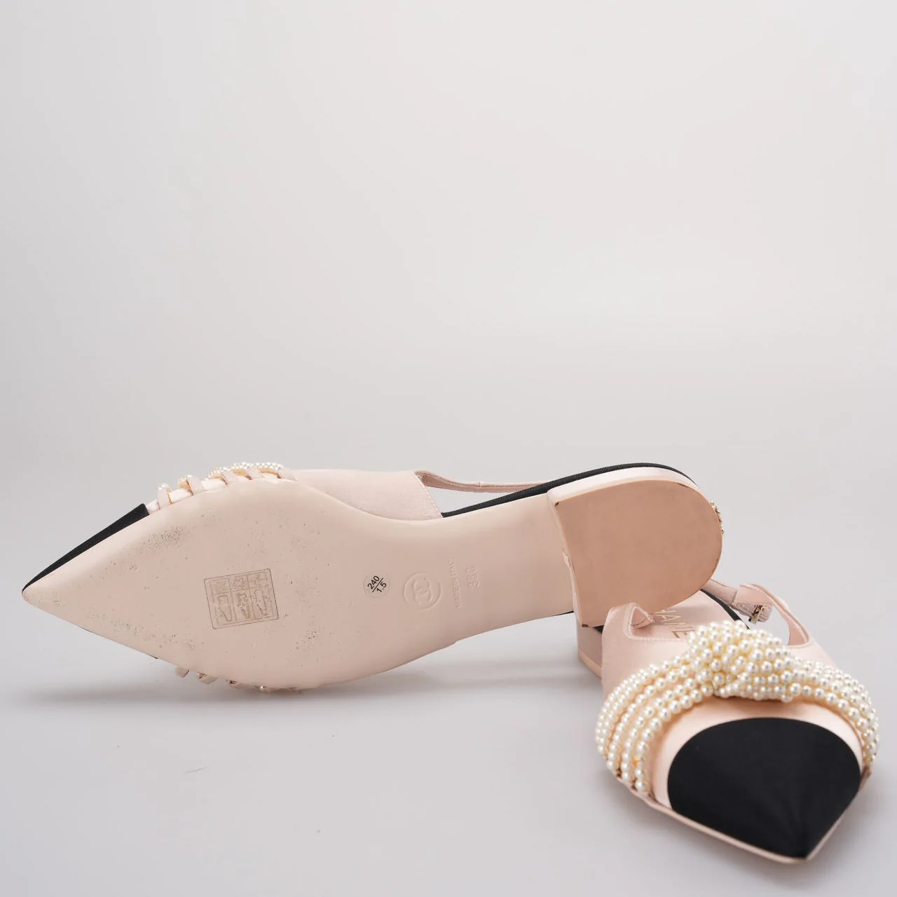 used-Chanel Satin Grosgrain Pearl Slingback Flats Pink/Black Size 38-MILOURA