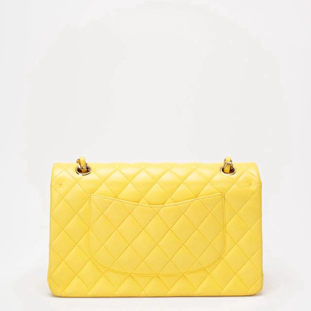 Chanel Yellow Lambskin Quilted Medium Double Flap Gold Hardware