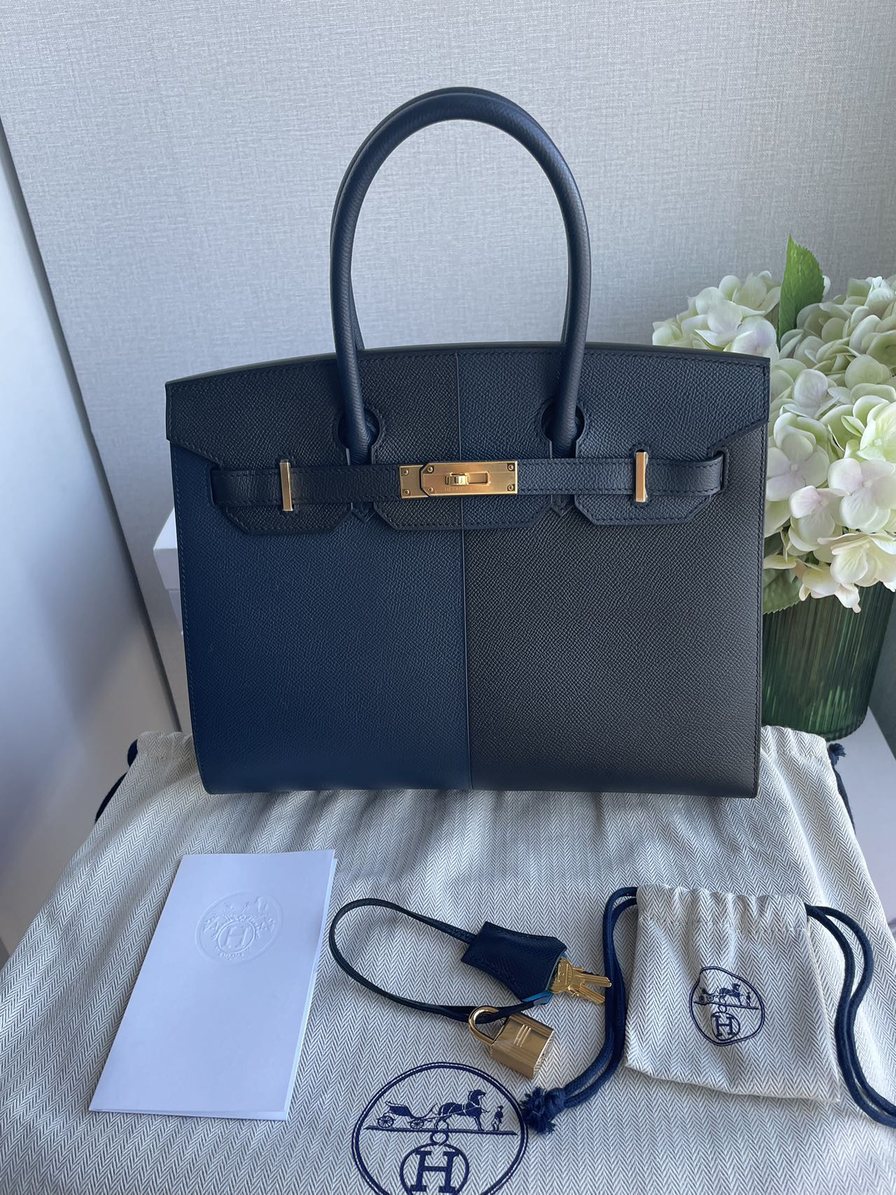 used-Hermes Birkin Bag 30 in Blue Indigo and Black Epsom Leather with Gold Hardware-MILOURA