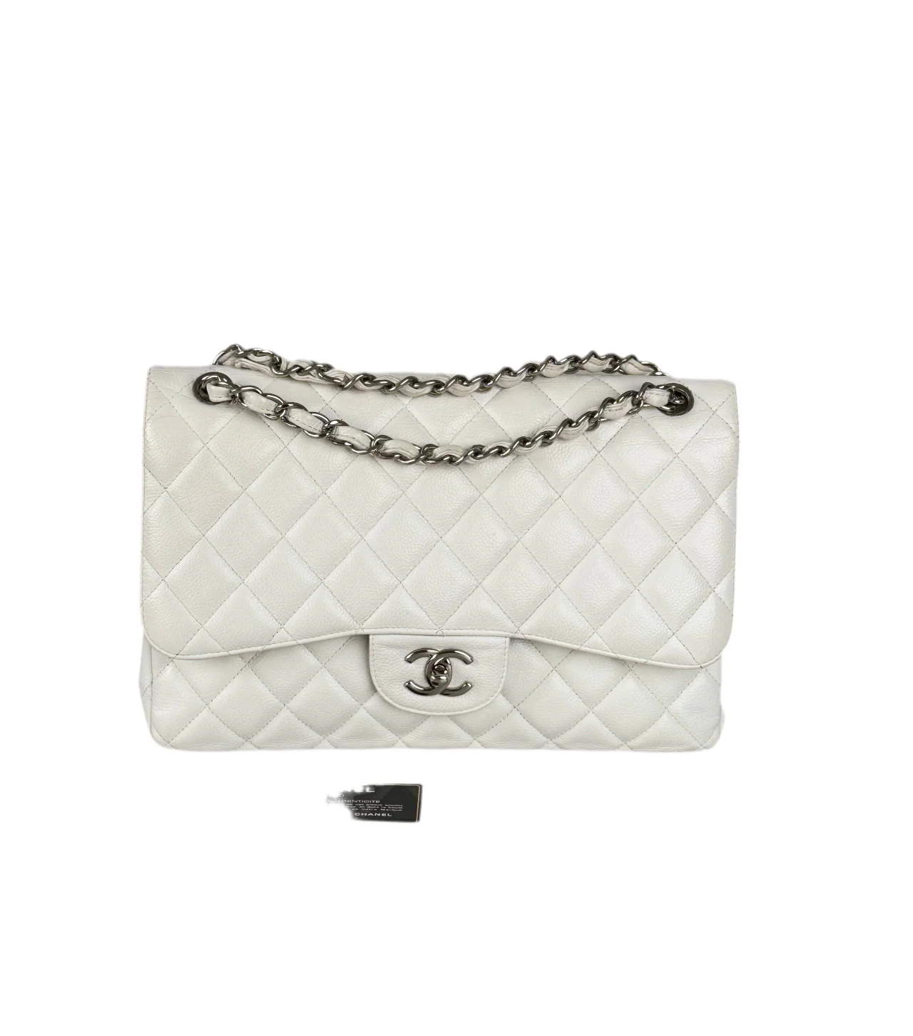 used-Chanel White Jumbo classic Double Flap Bag In Caviar Leather with silver Hardware-MILOURA