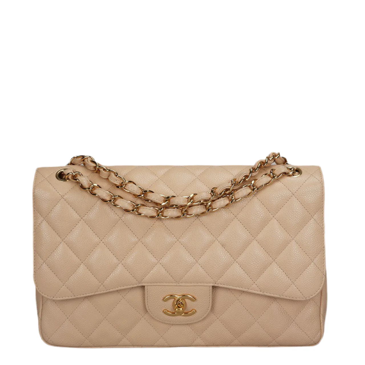 used-Chanel Beige Jumbo timeless Flap Bag Caviar Leather with Gold Hardware-MILOURA