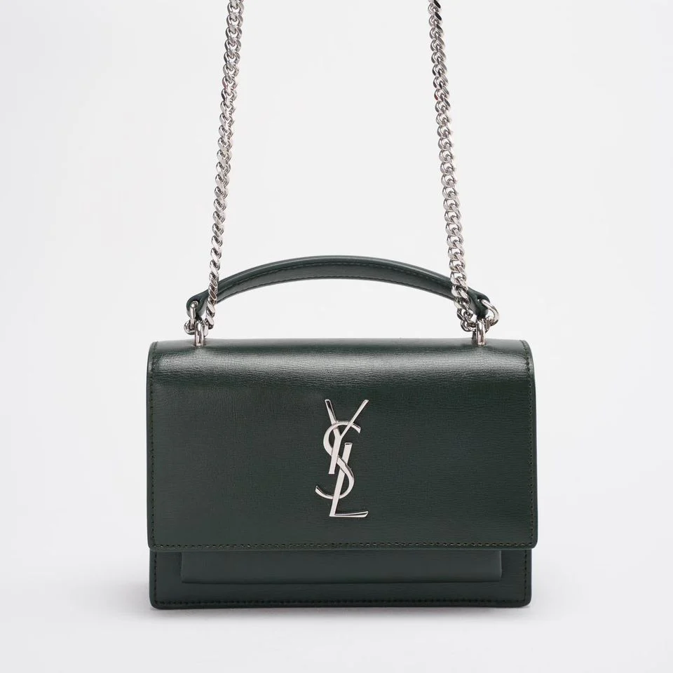Saint Laurent Sunset Wallet on Chain Mini Olive Green with Silver Tone Hardware