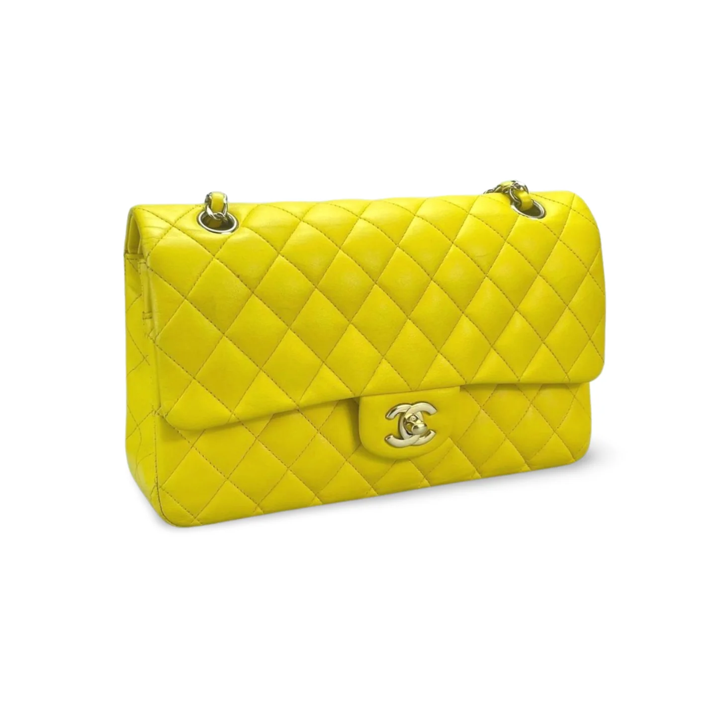 used-Chanel Medium Classic Flap Bag with Silber Hardware Yellow-MILOURA