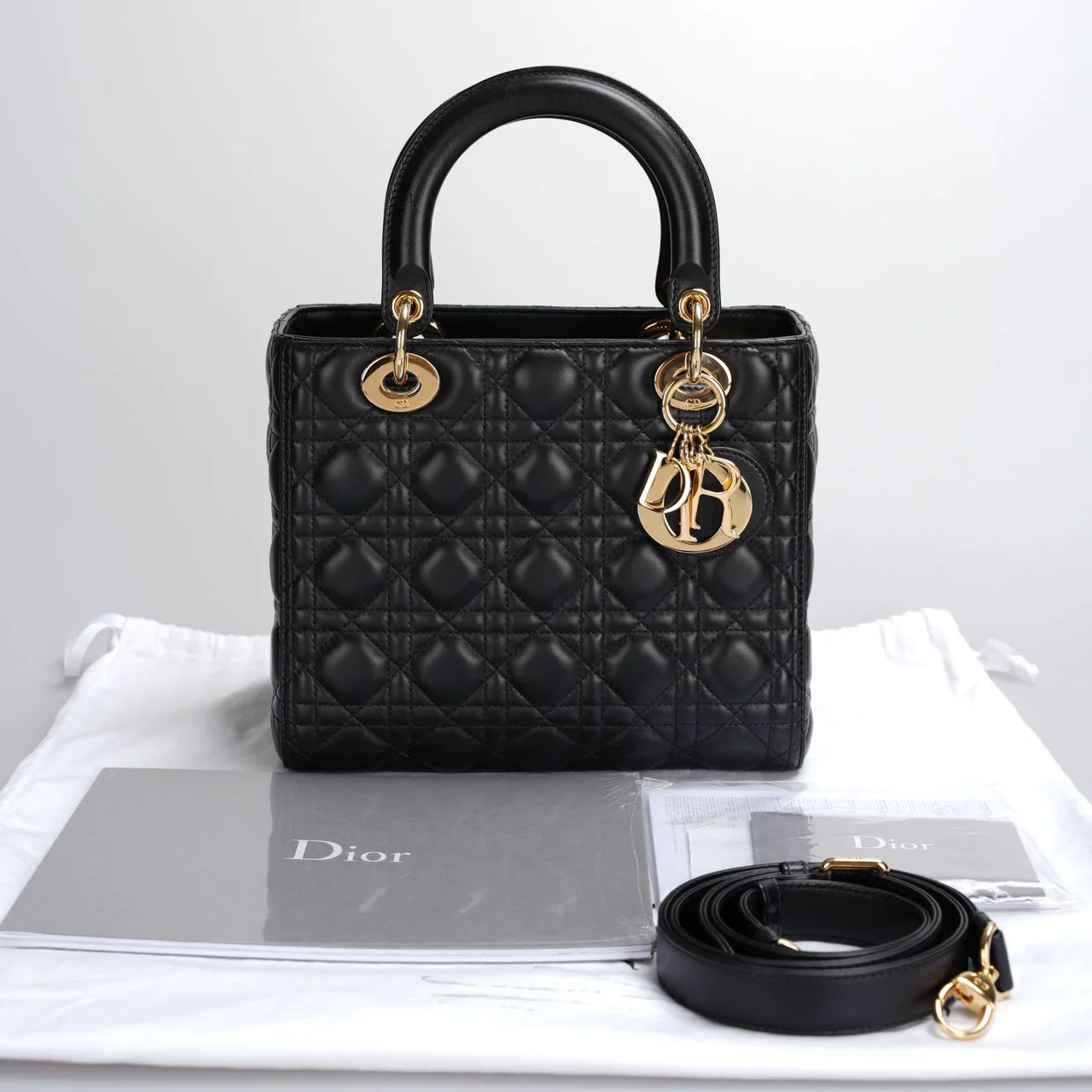 used-Christian Dior Black Medium Lady Dior Bag in Cannage Lambskin Leather with Gold Hardware-MILOURA