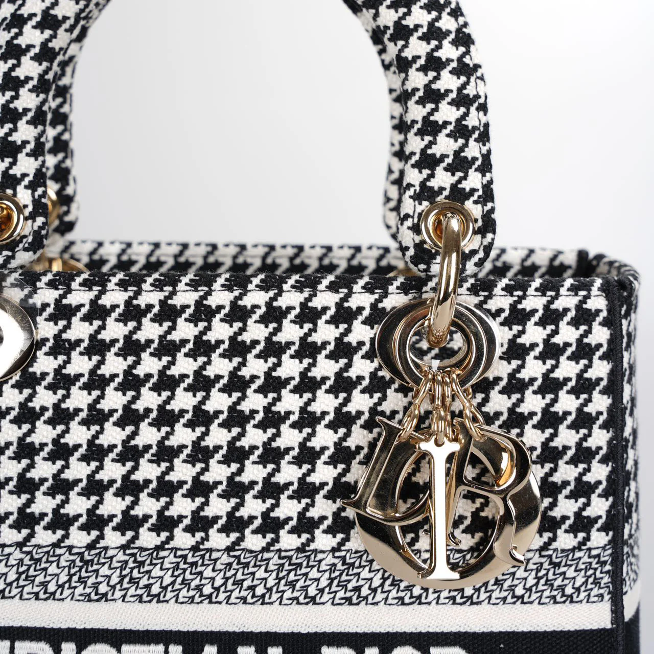used-Christian Dior Black White Houndstooth Canvas Medium Lady D-Lite bag-MILOURA