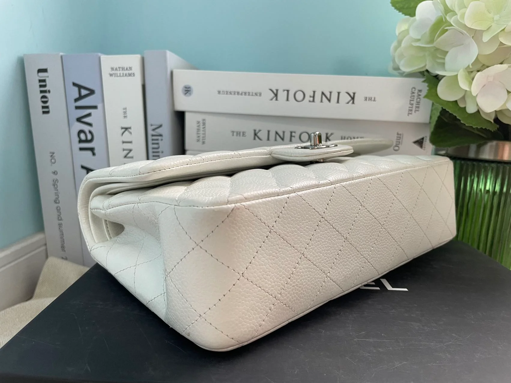 Chanel White Classic Flap Bag in medium Caviar Leather with Silver Hardware