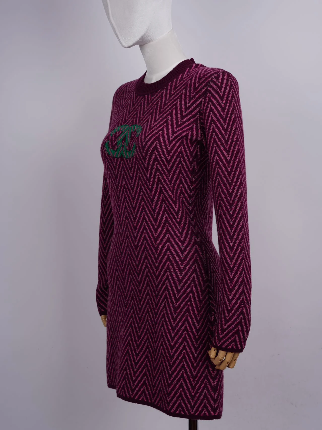 used-Chanel Burgundy and Green Chevron CC Cashmere Knit Dress Size 36-MILOURA