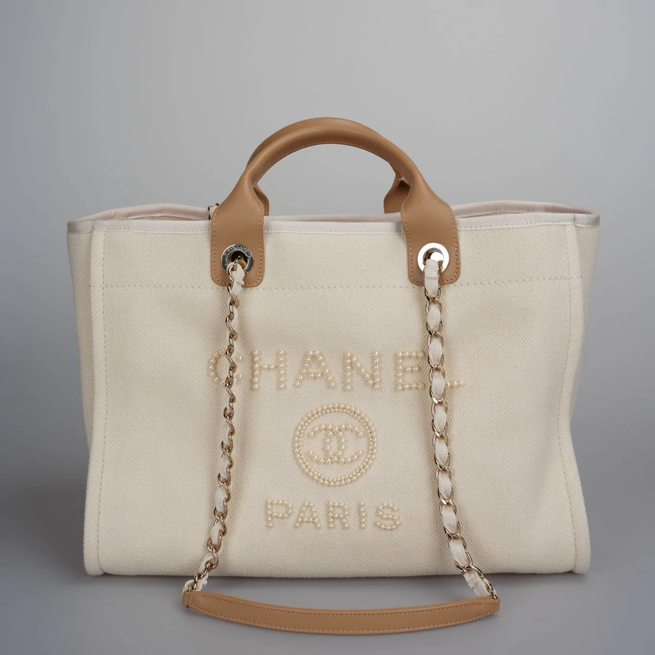 used-Chanel Deauville Pearl Tote Beige white medium-MILOURA