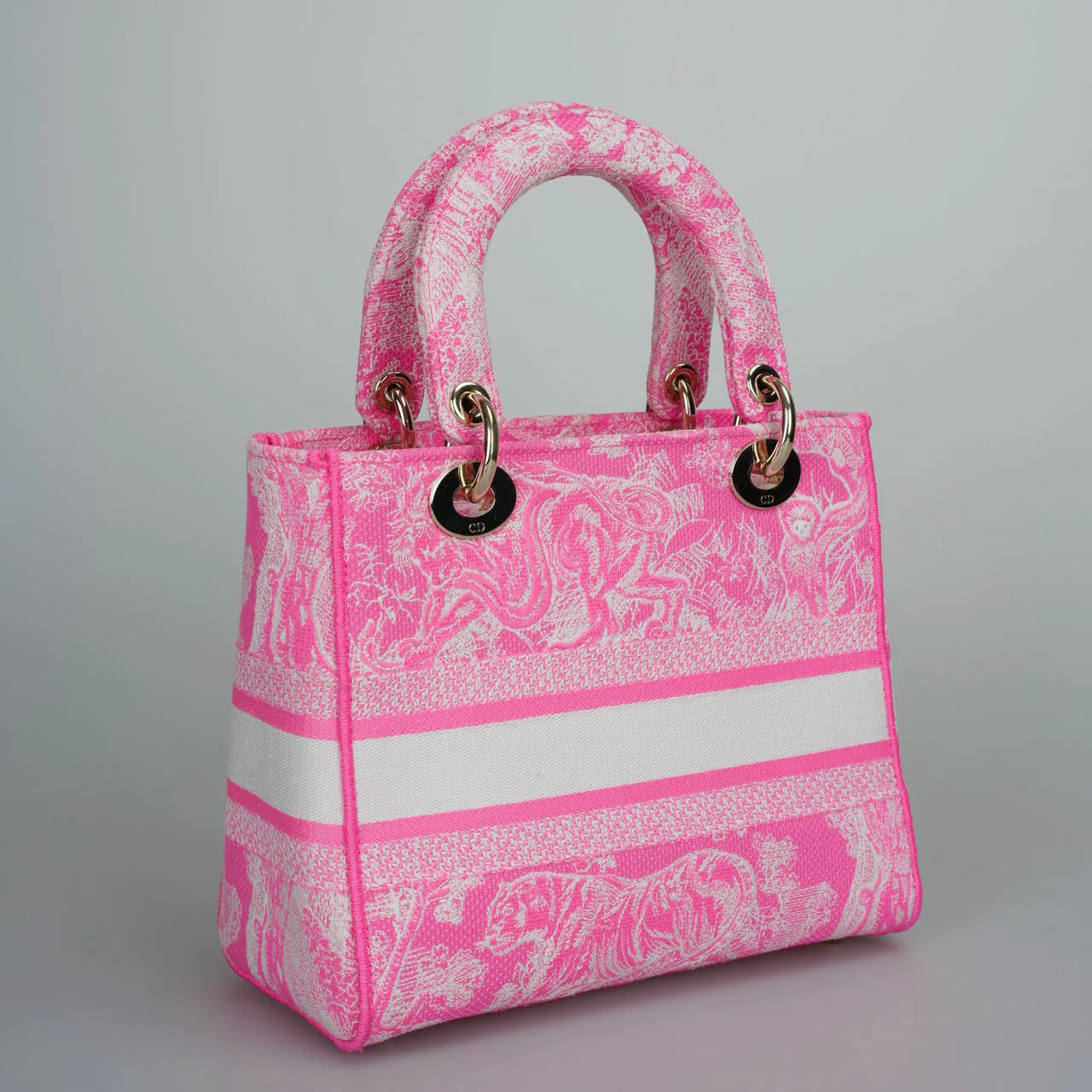 used-Christian Dior Canvas Toile De Jouy Reverse Embroidered Medium Lady D-Lite in Fluorescent Pink-MILOURA