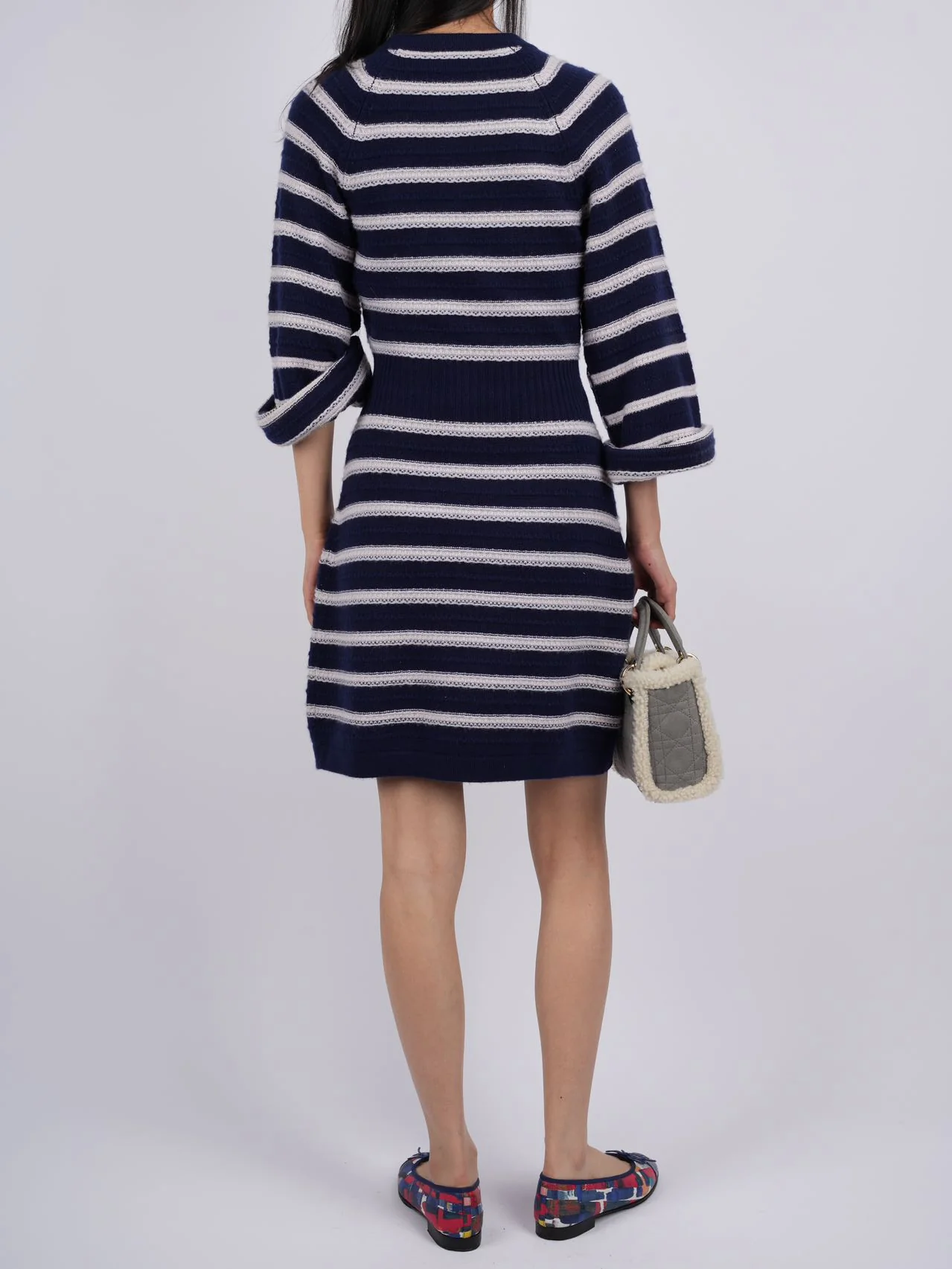 used-CHANEL cashmere Striped Dress in Navy Blue and White FR 34-MILOURA