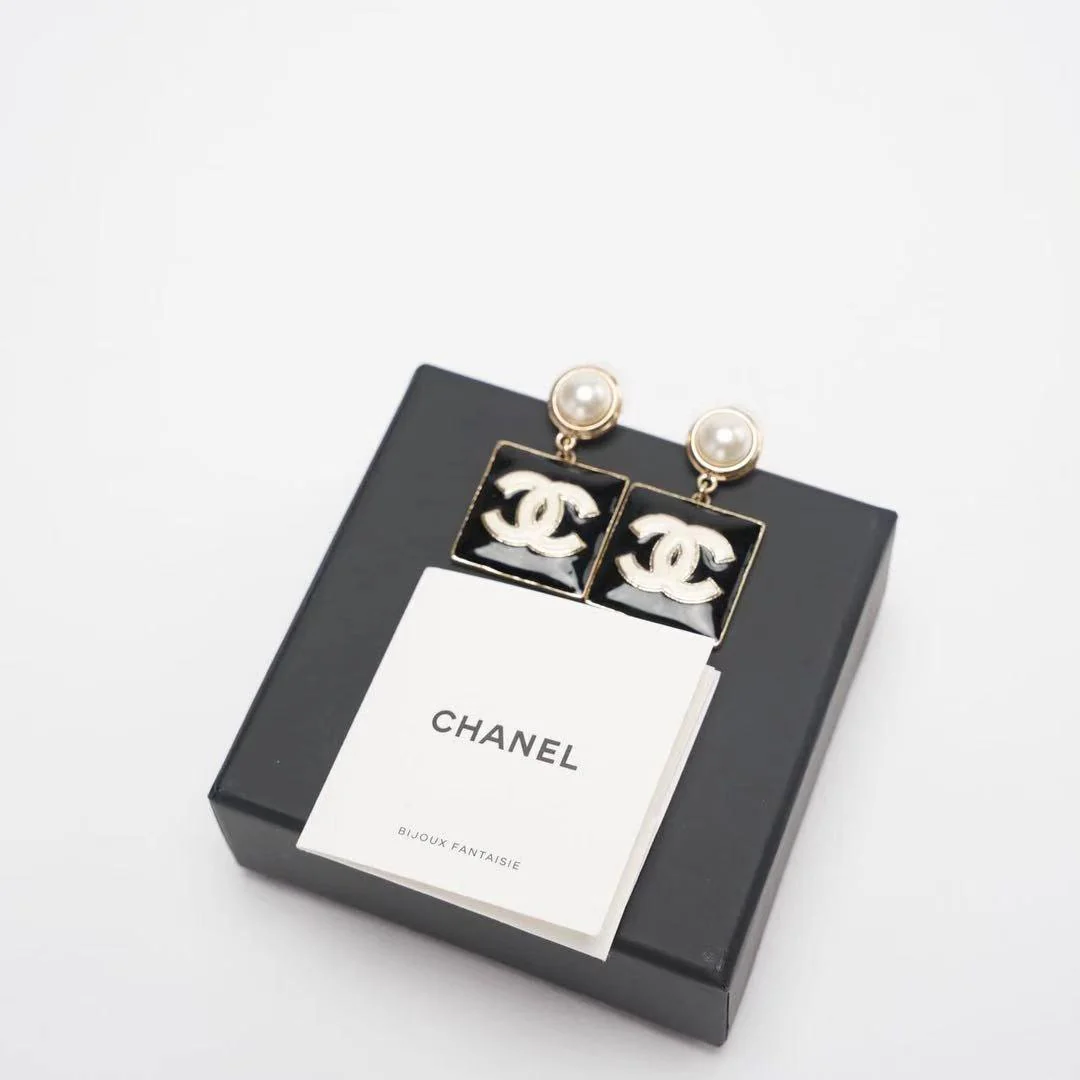Chanel Metal Resin Pearl Square CC Drop Earrings Gold Black White