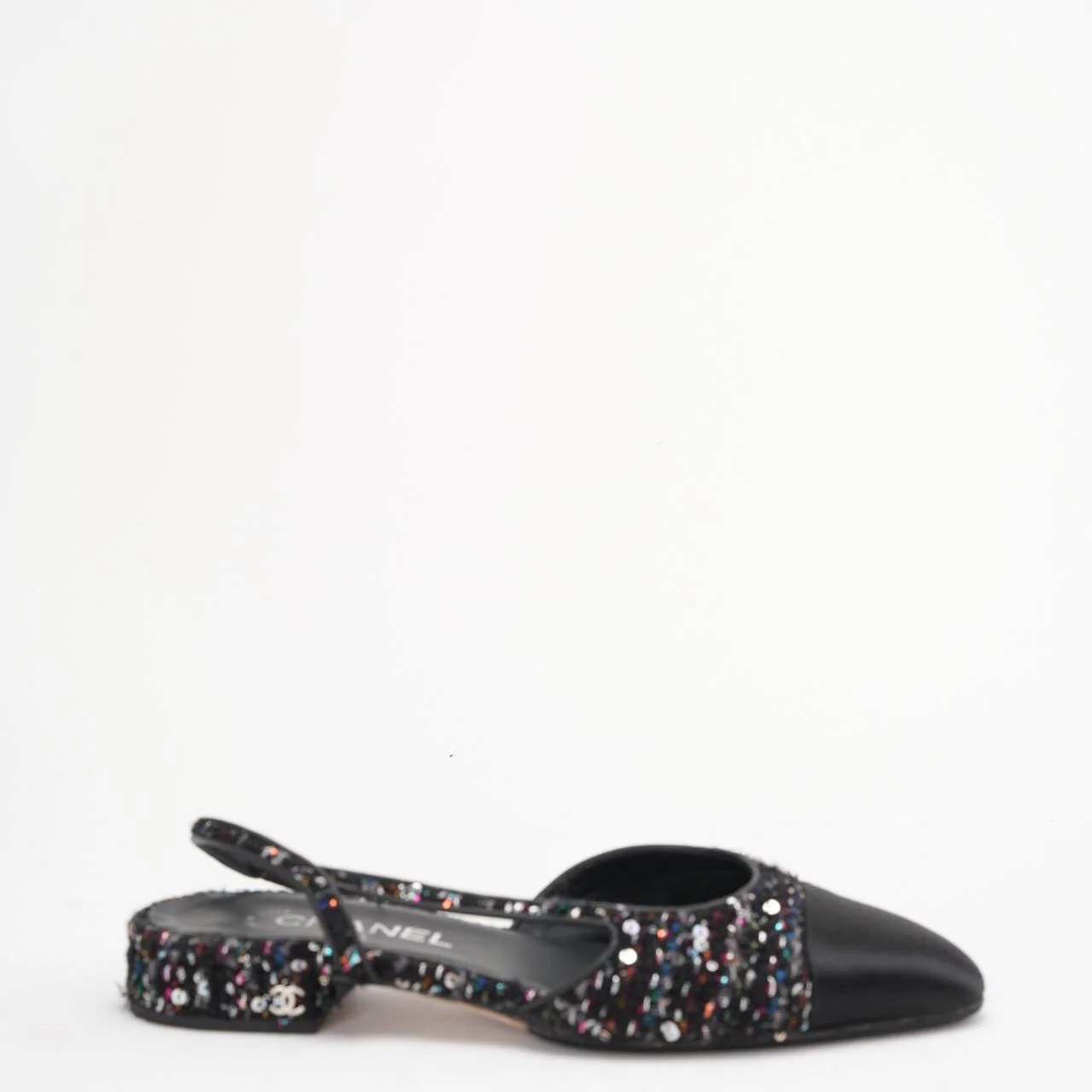 Chanel Black Sequin Slingback Cap Toe CC Glittered Tweed 38