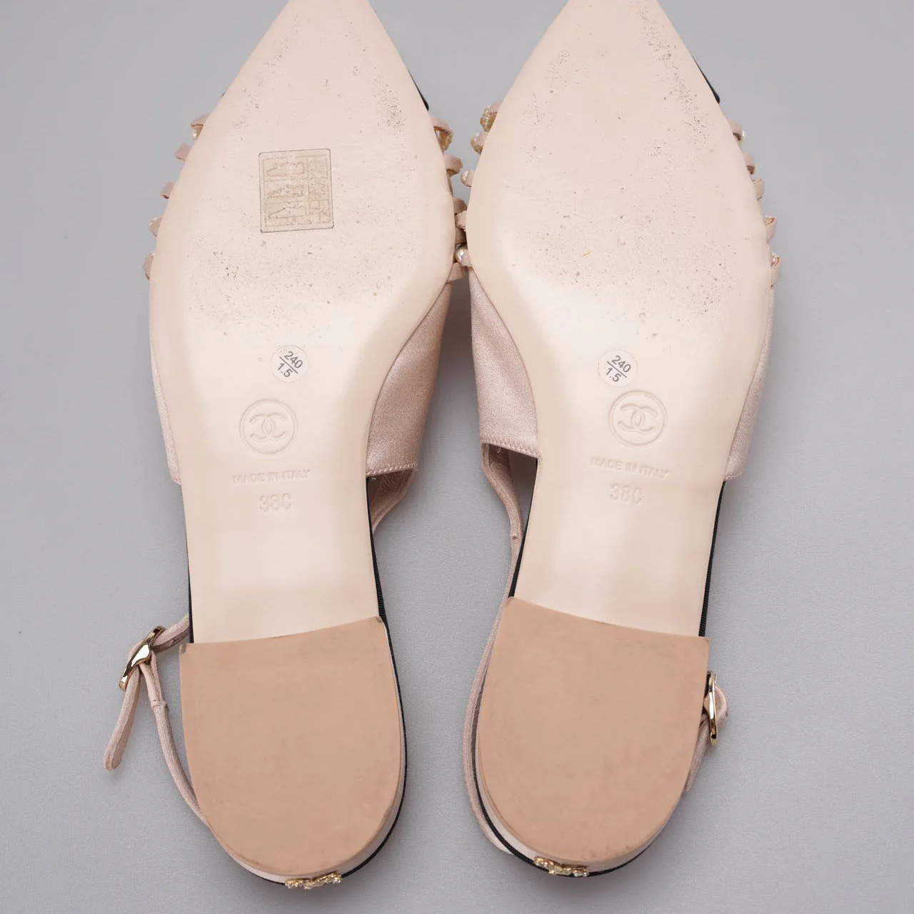 used-Chanel Satin Grosgrain Pearl Slingback Flats Pink/Black Size 38-MILOURA
