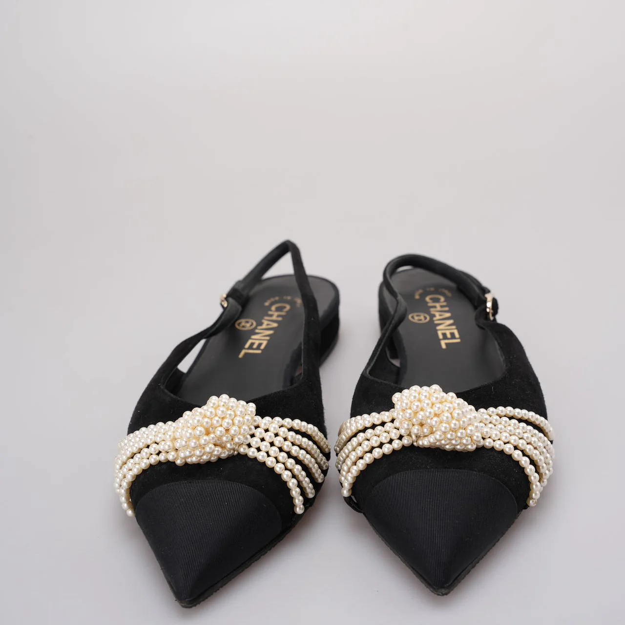 used-Chanel Slingback Satin Pearl Flats Black Size 37.5-MILOURA